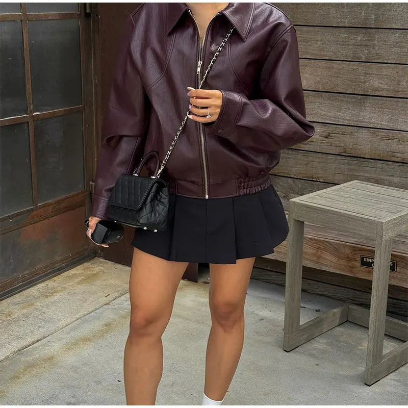 Wine Red Leather Sleeve Loose Jacket