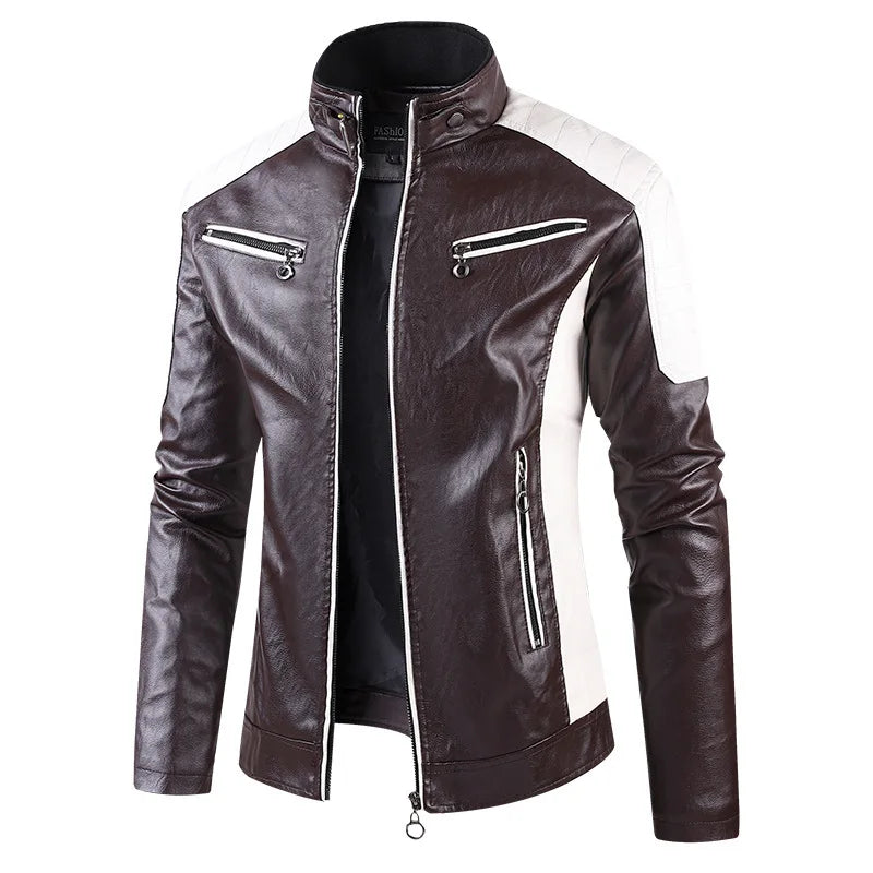 Stand Collar Motorcycle Leather Jackets Slim Fit