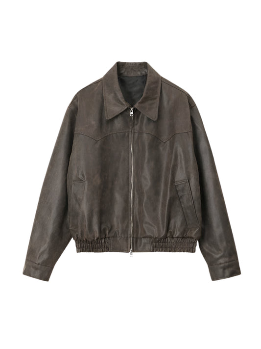 Spring Autumn Vintage Washed Brown Pu Leather Jacket