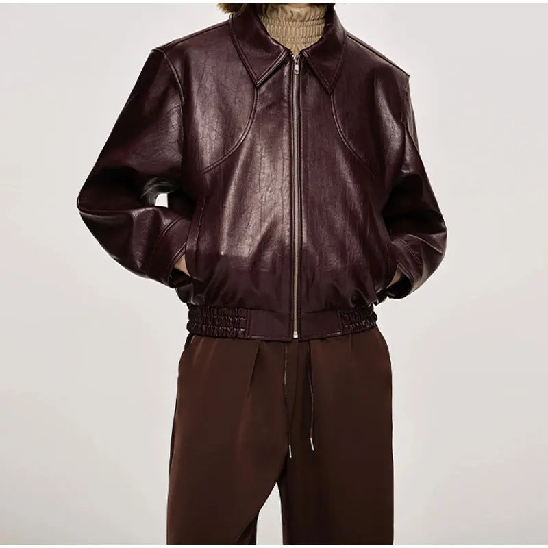 Wine Red Leather Sleeve Loose Jacket