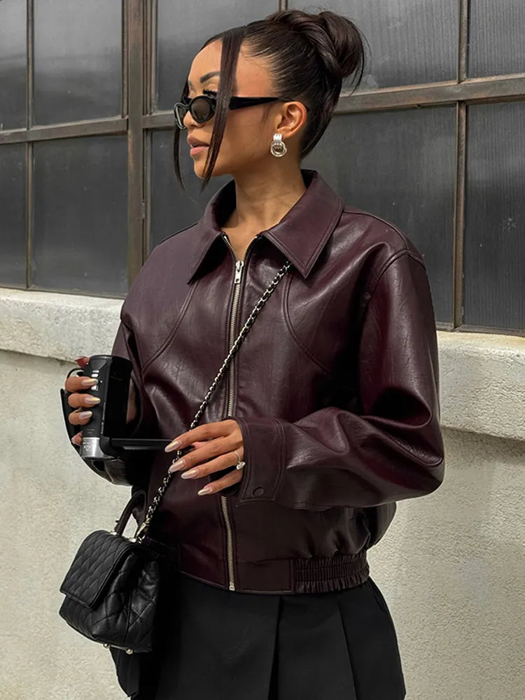 Wine Red Leather Sleeve Loose Jacket